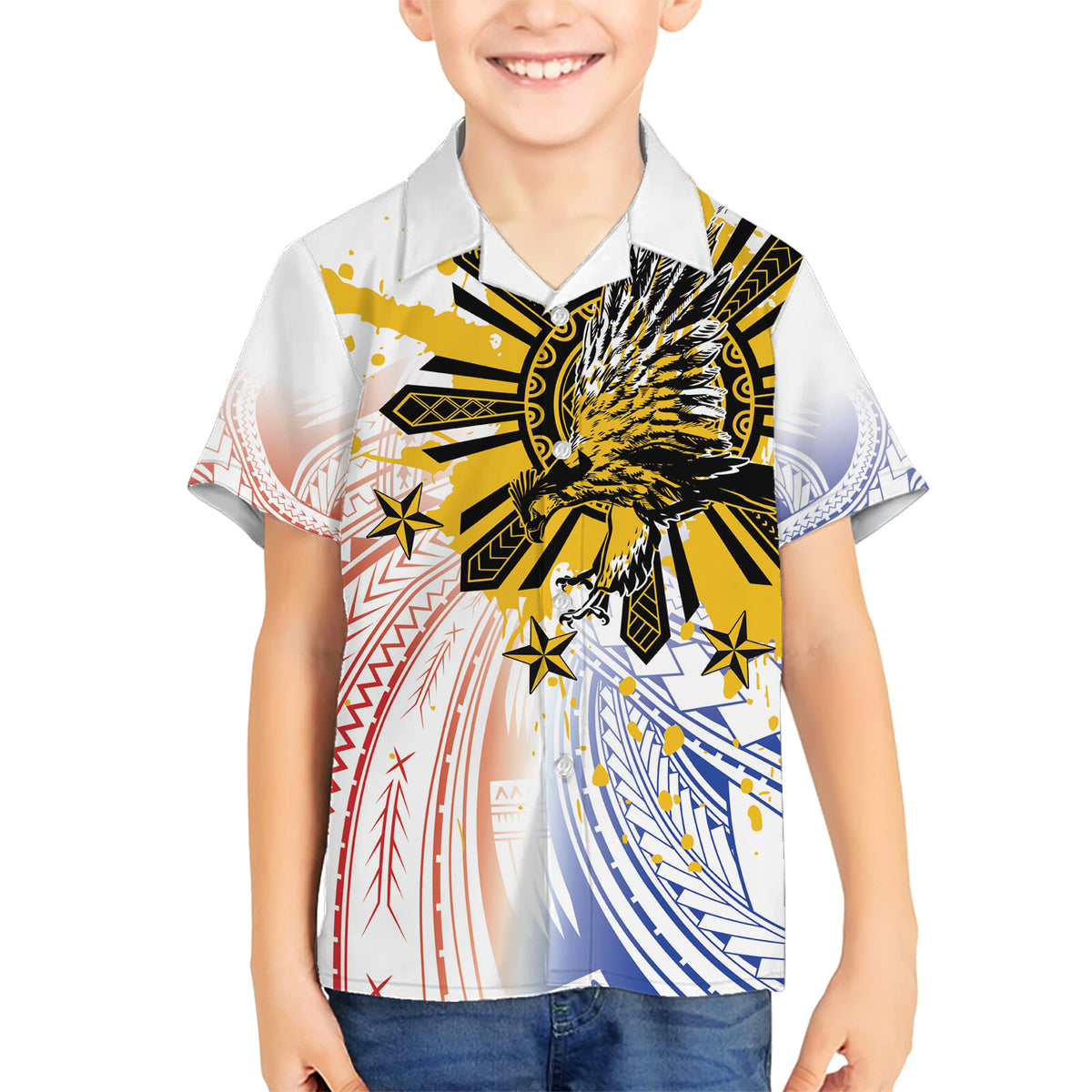 Philippines Independence Day Family Matching Short Sleeve Bodycon Dress and Hawaiian Shirt Eagle Mix Filipino Flag Tribal Style LT7 Son's Shirt White - Polynesian Pride