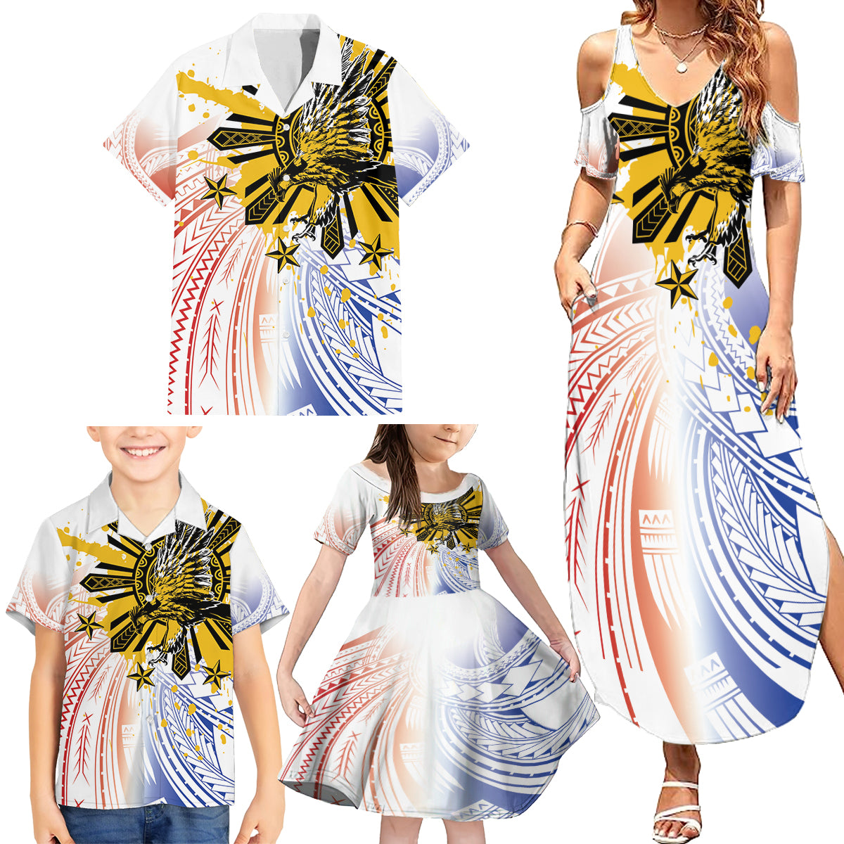 Philippines Independence Day Family Matching Summer Maxi Dress and Hawaiian Shirt Eagle Mix Filipino Flag Tribal Style LT7 - Polynesian Pride