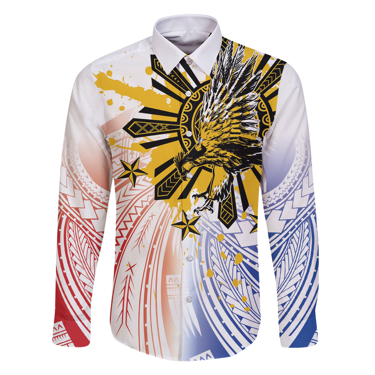 Philippines Independence Day Family Matching Tank Maxi Dress and Hawaiian Shirt Eagle Mix Filipino Flag Tribal Style LT7 Dad's Shirt - Long Sleeve White - Polynesian Pride