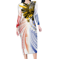 Philippines Independence Day Long Sleeve Bodycon Dress Eagle Mix Filipino Flag Tribal Style LT7 Long Dress White - Polynesian Pride