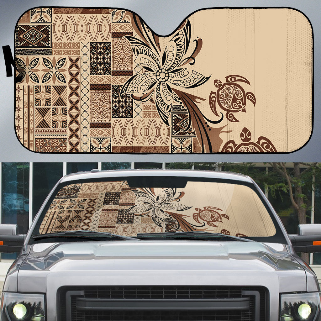 Talofa Samoa Mamanu Siapo Mix Malu Auto Sun Shade Classic Beige Frangipani and Turtles