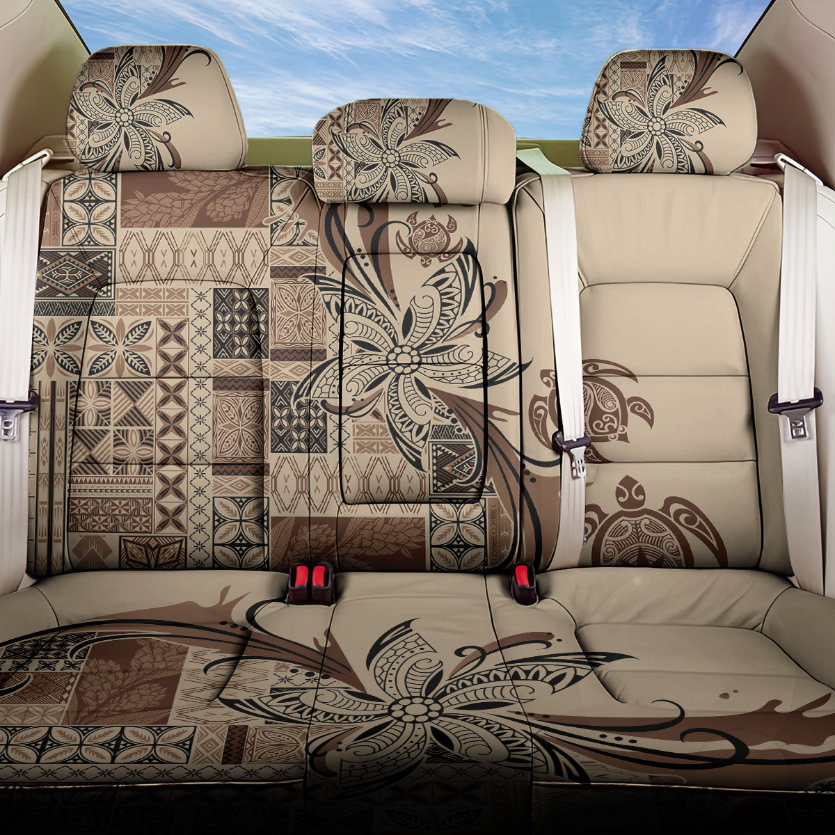 Talofa Samoa Mamanu Siapo Mix Malu Back Car Seat Cover Classic Beige Frangipani and Turtles LT7 One Size Beige - Polynesian Pride