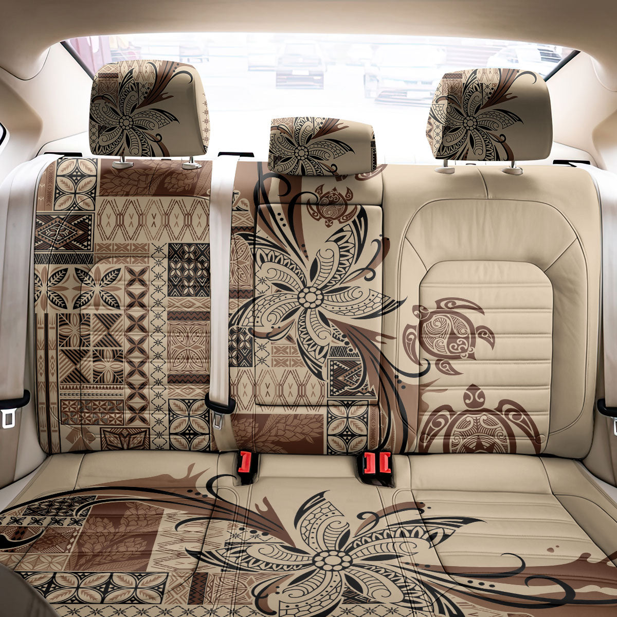 Talofa Samoa Mamanu Siapo Mix Malu Back Car Seat Cover Classic Beige Frangipani and Turtles LT7 - Polynesian Pride