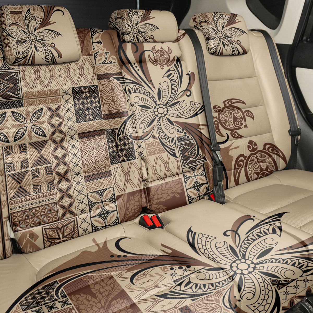 Talofa Samoa Mamanu Siapo Mix Malu Back Car Seat Cover Classic Beige Frangipani and Turtles LT7 - Polynesian Pride