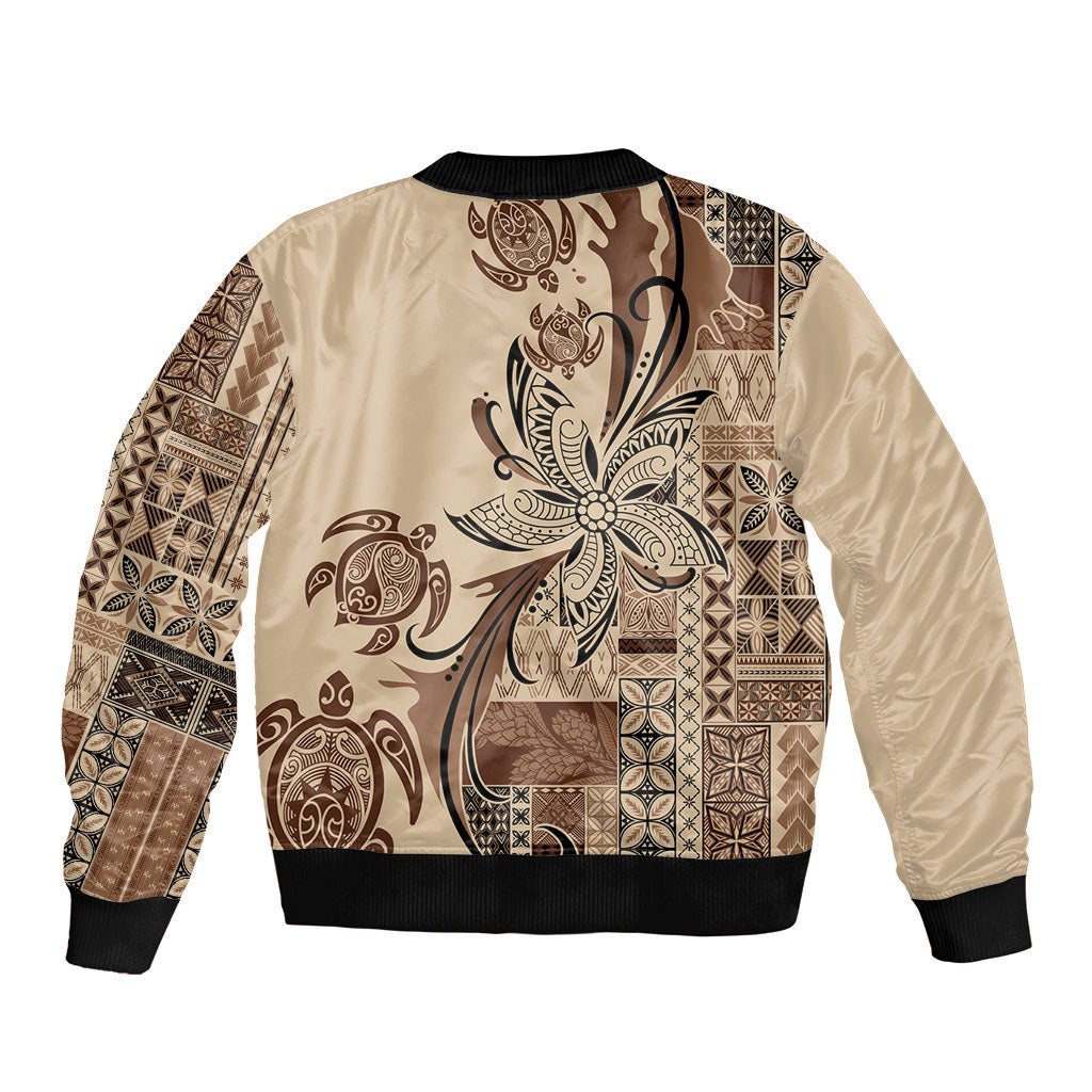 Talofa Samoa Mamanu Siapo Mix Malu Bomber Jacket Classic Beige Frangipani and Turtles