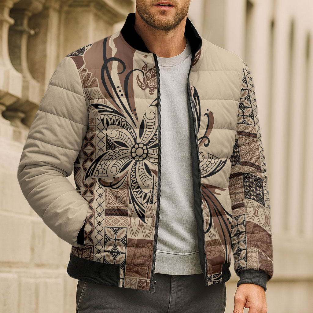 Talofa Samoa Mamanu Siapo Mix Malu Bomber Puffer Jacket Classic Beige Frangipani and Turtles