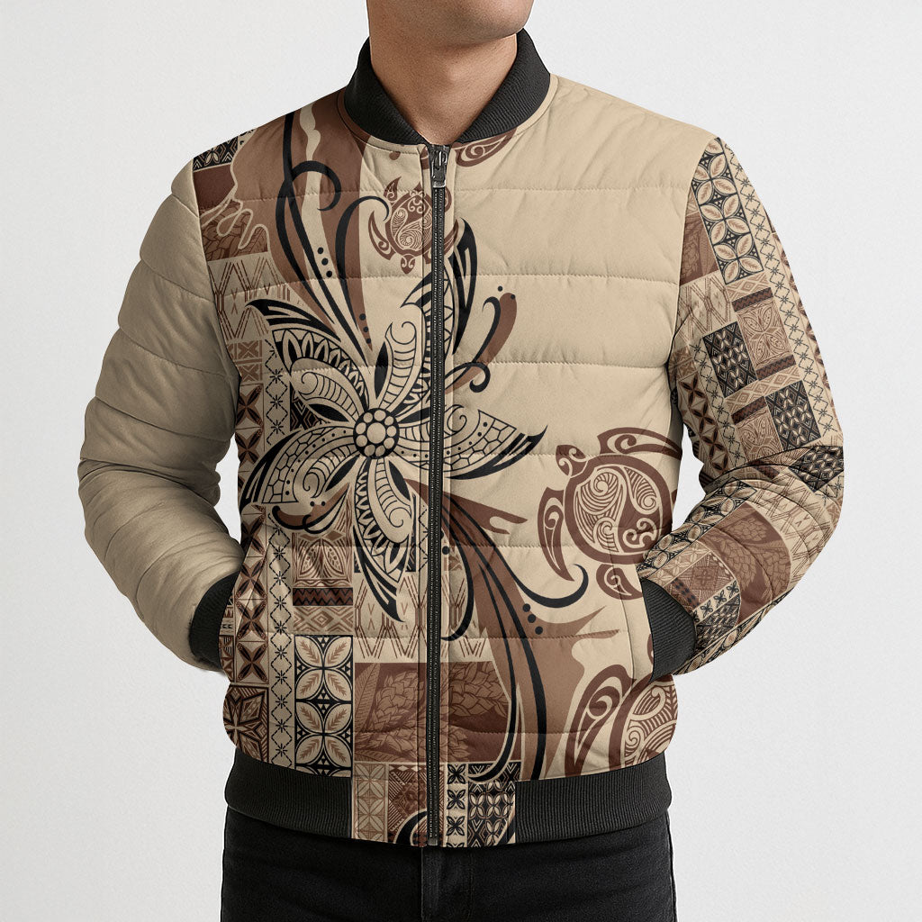 Talofa Samoa Mamanu Siapo Mix Malu Bomber Puffer Jacket Classic Beige Frangipani and Turtles