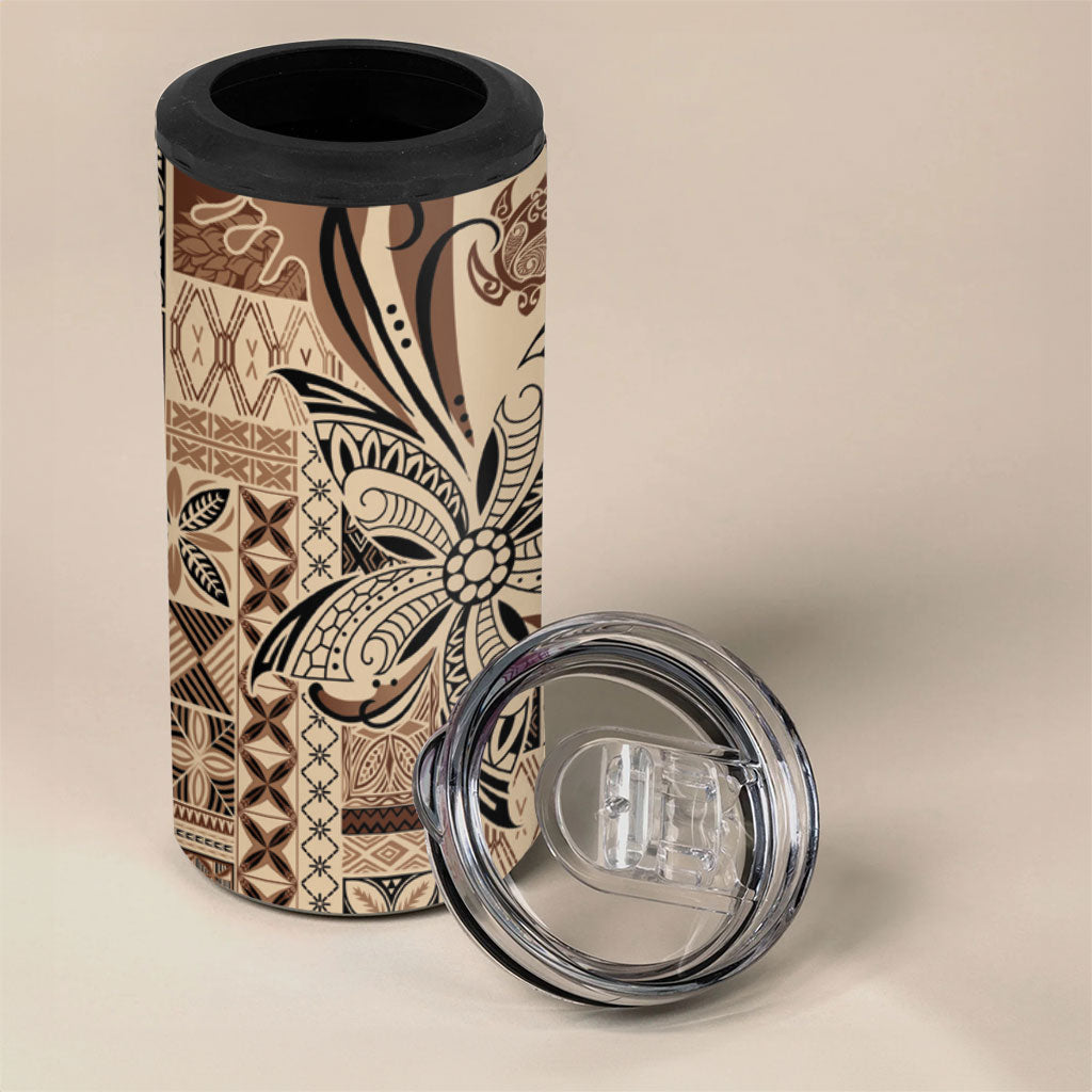 Talofa Samoa Mamanu Siapo Mix Malu 4 in 1 Can Cooler Tumbler Classic Beige Frangipani and Turtles LT7 - Polynesian Pride