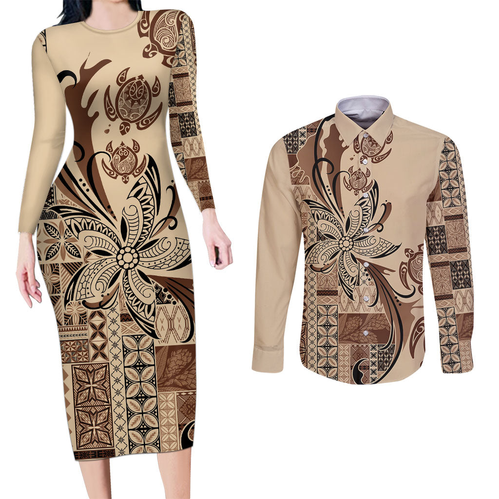 Talofa Samoa Mamanu Siapo Mix Malu Couples Matching Long Sleeve Bodycon Dress and Long Sleeve Button Shirt Classic Beige Frangipani and Turtles LT7 Beige - Polynesian Pride