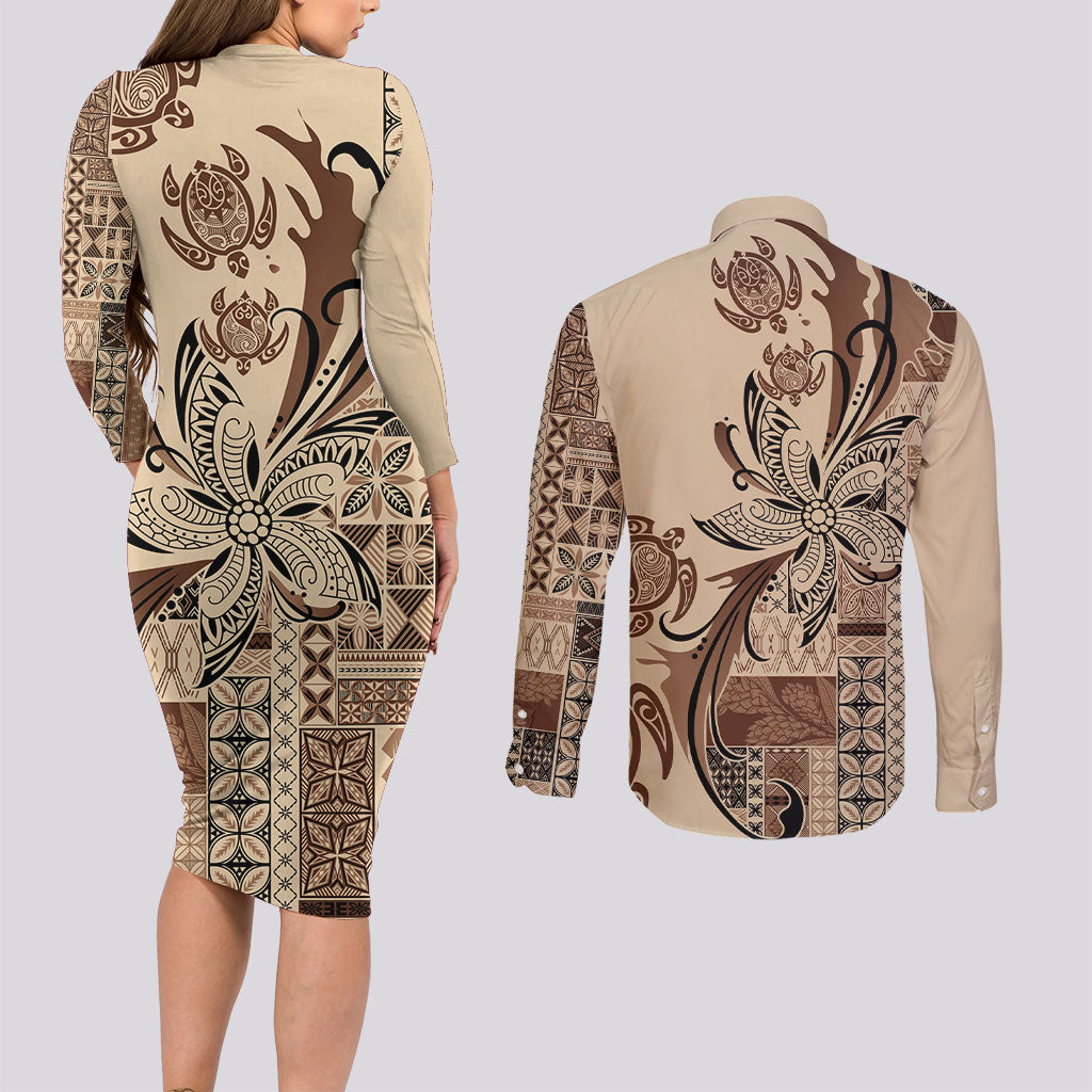 Talofa Samoa Mamanu Siapo Mix Malu Couples Matching Long Sleeve Bodycon Dress and Long Sleeve Button Shirt Classic Beige Frangipani and Turtles LT7 - Polynesian Pride