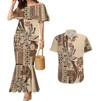 Talofa Samoa Mamanu Siapo Mix Malu Couples Matching Mermaid Dress and Hawaiian Shirt Classic Beige Frangipani and Turtles LT7 Beige - Polynesian Pride