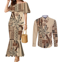 Talofa Samoa Mamanu Siapo Mix Malu Couples Matching Mermaid Dress and Long Sleeve Button Shirt Classic Beige Frangipani and Turtles LT7 Beige - Polynesian Pride