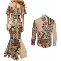 Talofa Samoa Mamanu Siapo Mix Malu Couples Matching Mermaid Dress and Long Sleeve Button Shirt Classic Beige Frangipani and Turtles LT7 - Polynesian Pride