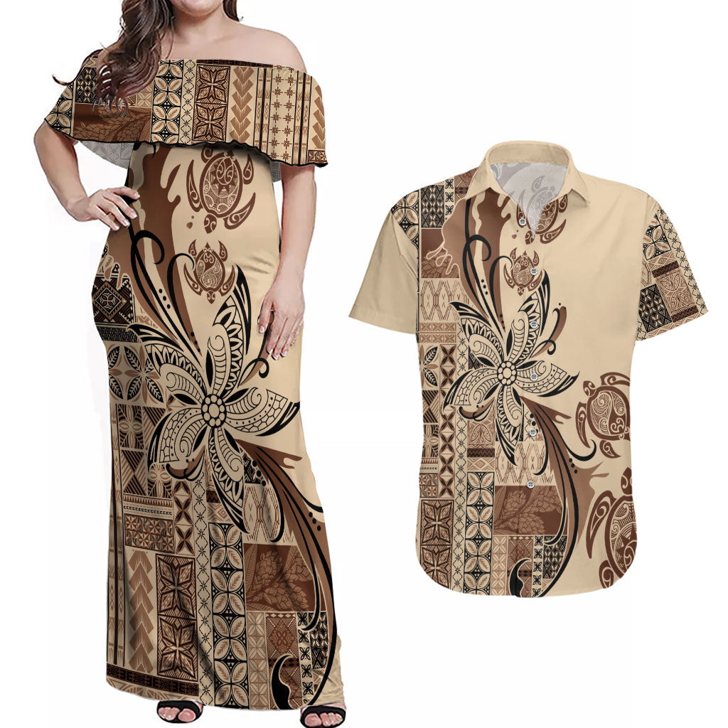 Talofa Samoa Mamanu Siapo Mix Malu Couples Matching Off Shoulder Maxi Dress and Hawaiian Shirt Classic Beige Frangipani and Turtles LT7 Beige - Polynesian Pride