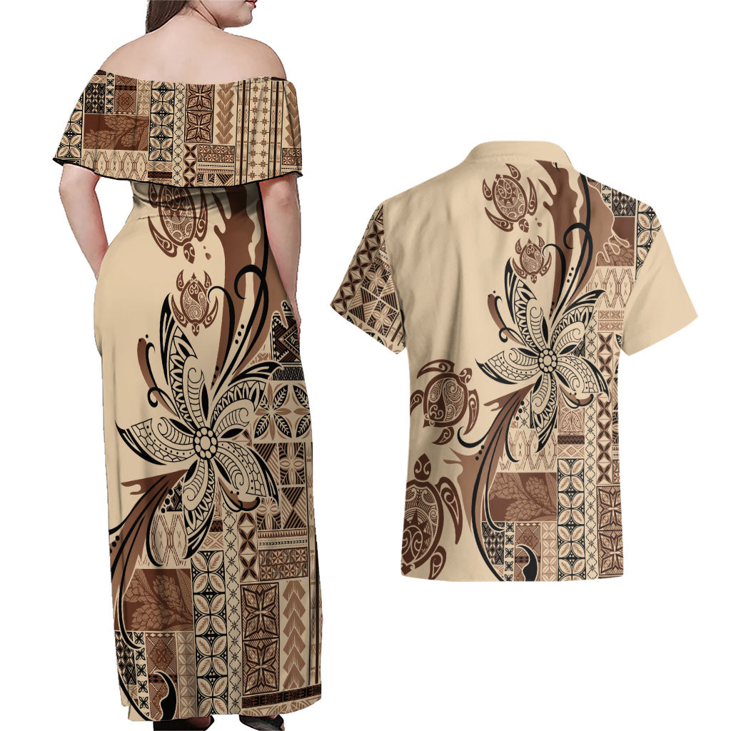 Talofa Samoa Mamanu Siapo Mix Malu Couples Matching Off Shoulder Maxi Dress and Hawaiian Shirt Classic Beige Frangipani and Turtles LT7 - Polynesian Pride