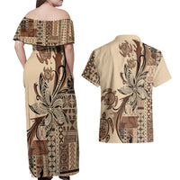 Talofa Samoa Mamanu Siapo Mix Malu Couples Matching Off Shoulder Maxi Dress and Hawaiian Shirt Classic Beige Frangipani and Turtles LT7 - Polynesian Pride