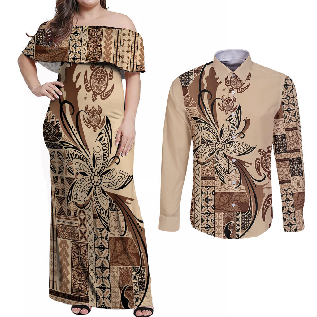 Talofa Samoa Mamanu Siapo Mix Malu Couples Matching Off Shoulder Maxi Dress and Long Sleeve Button Shirt Classic Beige Frangipani and Turtles LT7 Beige - Polynesian Pride