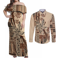 Talofa Samoa Mamanu Siapo Mix Malu Couples Matching Off Shoulder Maxi Dress and Long Sleeve Button Shirt Classic Beige Frangipani and Turtles LT7 Beige - Polynesian Pride