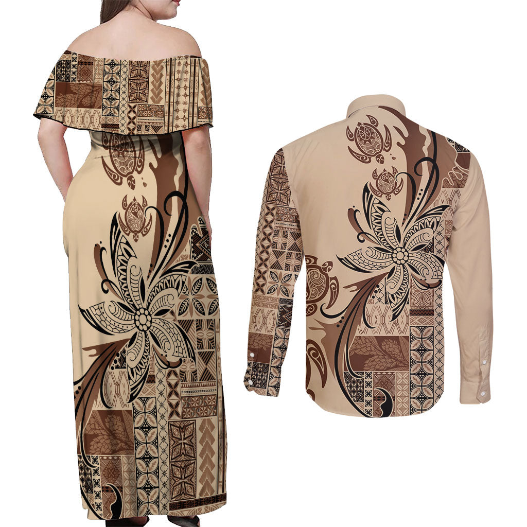Talofa Samoa Mamanu Siapo Mix Malu Couples Matching Off Shoulder Maxi Dress and Long Sleeve Button Shirt Classic Beige Frangipani and Turtles LT7 - Polynesian Pride