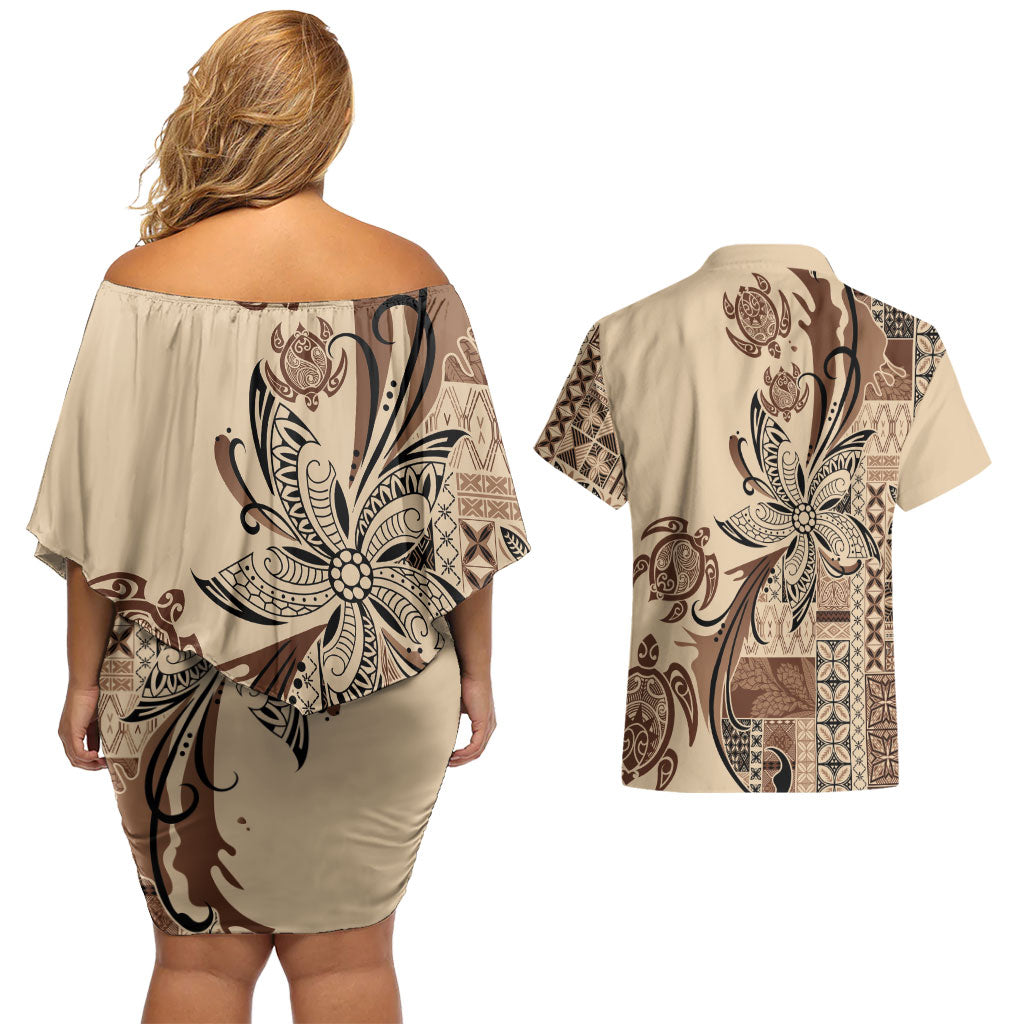 Talofa Samoa Mamanu Siapo Mix Malu Couples Matching Off Shoulder Short Dress and Hawaiian Shirt Classic Beige Frangipani and Turtles LT7 - Polynesian Pride