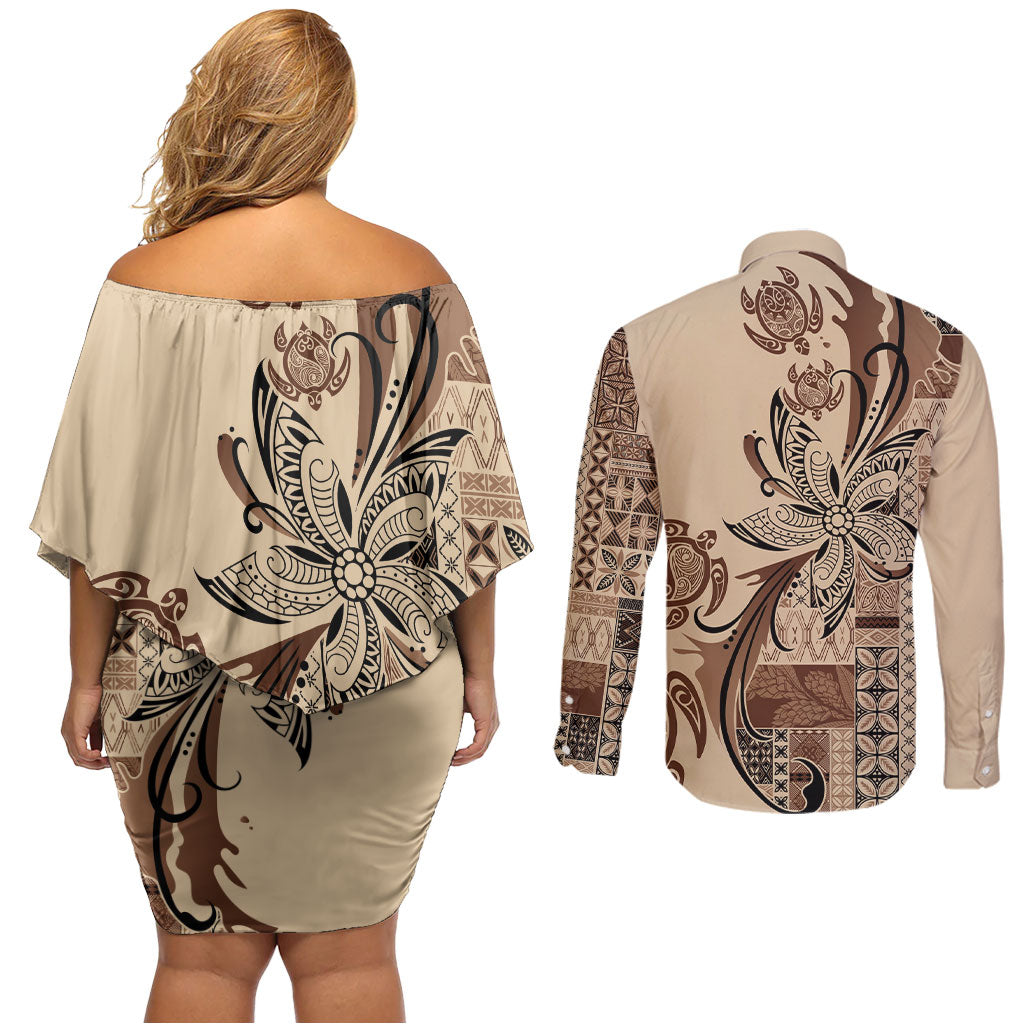 Talofa Samoa Mamanu Siapo Mix Malu Couples Matching Off Shoulder Short Dress and Long Sleeve Button Shirt Classic Beige Frangipani and Turtles LT7 - Polynesian Pride