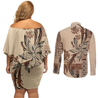 Talofa Samoa Mamanu Siapo Mix Malu Couples Matching Off Shoulder Short Dress and Long Sleeve Button Shirt Classic Beige Frangipani and Turtles LT7 - Polynesian Pride
