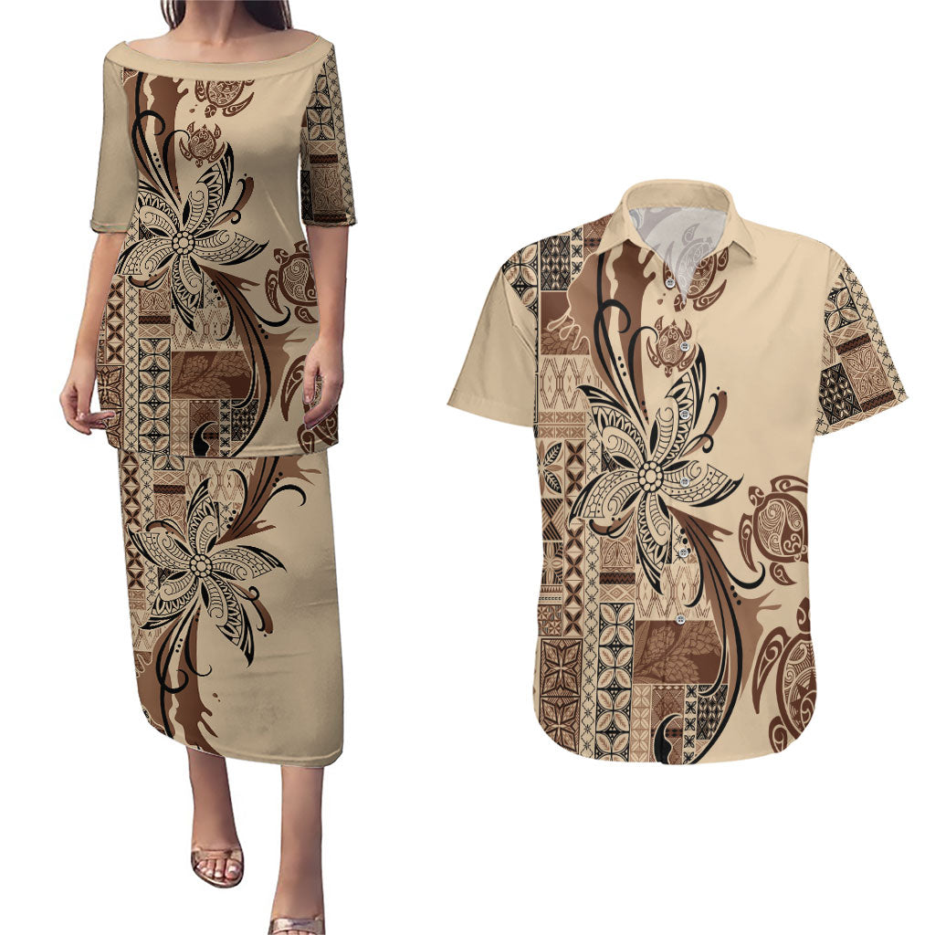 Talofa Samoa Mamanu Siapo Mix Malu Couples Matching Puletasi and Hawaiian Shirt Classic Beige Frangipani and Turtles LT7 Beige - Polynesian Pride