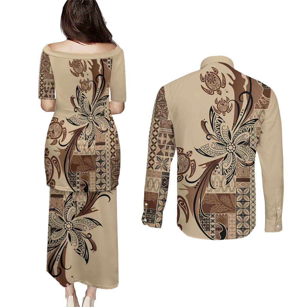 Talofa Samoa Mamanu Siapo Mix Malu Couples Matching Puletasi and Long Sleeve Button Shirt Classic Beige Frangipani and Turtles