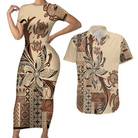 Talofa Samoa Mamanu Siapo Mix Malu Couples Matching Short Sleeve Bodycon Dress and Hawaiian Shirt Classic Beige Frangipani and Turtles LT7 Beige - Polynesian Pride