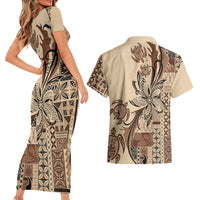 Talofa Samoa Mamanu Siapo Mix Malu Couples Matching Short Sleeve Bodycon Dress and Hawaiian Shirt Classic Beige Frangipani and Turtles LT7 - Polynesian Pride