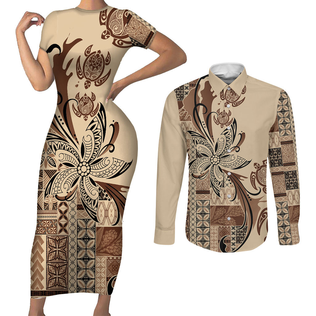Talofa Samoa Mamanu Siapo Mix Malu Couples Matching Short Sleeve Bodycon Dress and Long Sleeve Button Shirt Classic Beige Frangipani and Turtles