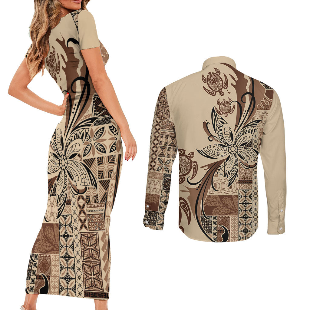 Talofa Samoa Mamanu Siapo Mix Malu Couples Matching Short Sleeve Bodycon Dress and Long Sleeve Button Shirt Classic Beige Frangipani and Turtles LT7 - Polynesian Pride