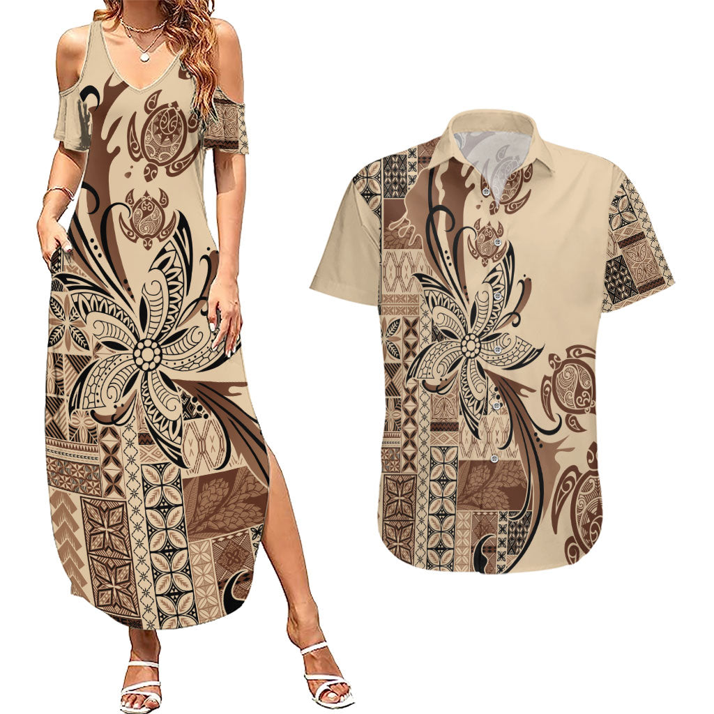 Talofa Samoa Mamanu Siapo Mix Malu Couples Matching Summer Maxi Dress and Hawaiian Shirt Classic Beige Frangipani and Turtles LT7 Beige - Polynesian Pride