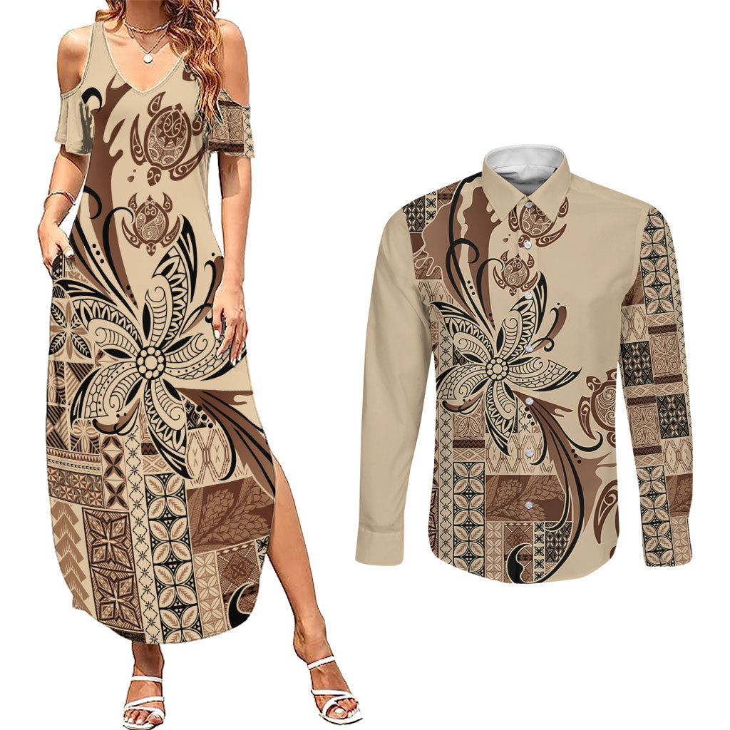 Talofa Samoa Mamanu Siapo Mix Malu Couples Matching Summer Maxi Dress and Long Sleeve Button Shirt Classic Beige Frangipani and Turtles LT7 Beige - Polynesian Pride