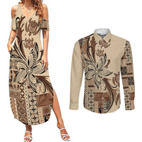 Talofa Samoa Mamanu Siapo Mix Malu Couples Matching Summer Maxi Dress and Long Sleeve Button Shirt Classic Beige Frangipani and Turtles LT7 Beige - Polynesian Pride
