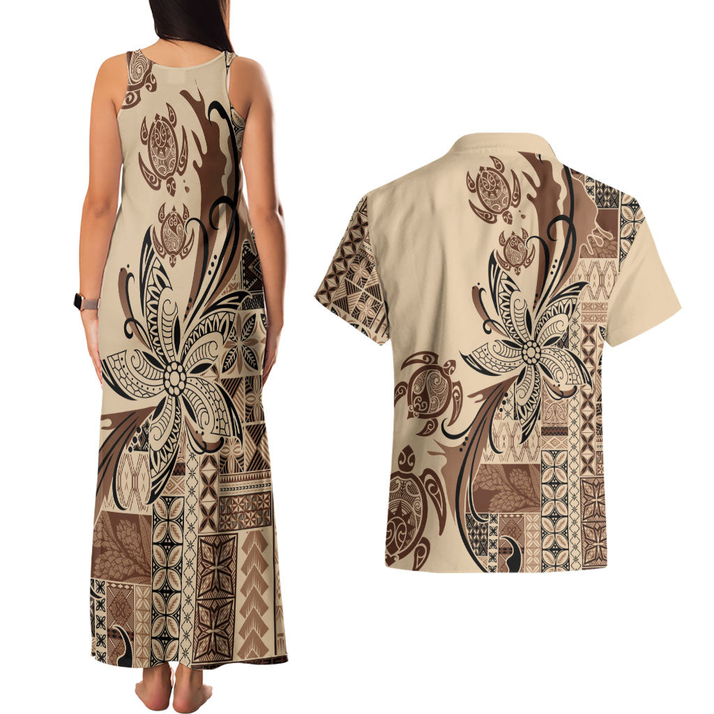 Talofa Samoa Mamanu Siapo Mix Malu Couples Matching Tank Maxi Dress and Hawaiian Shirt Classic Beige Frangipani and Turtles LT7 - Polynesian Pride