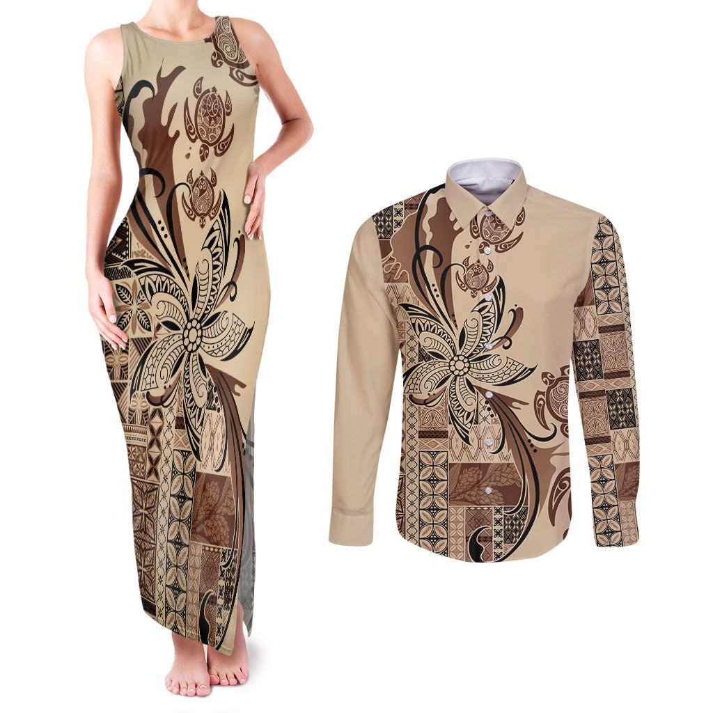Talofa Samoa Mamanu Siapo Mix Malu Couples Matching Tank Maxi Dress and Long Sleeve Button Shirt Classic Beige Frangipani and Turtles LT7 Beige - Polynesian Pride