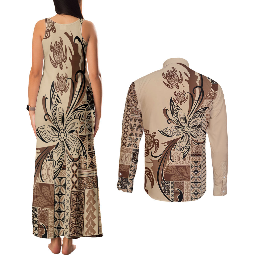 Talofa Samoa Mamanu Siapo Mix Malu Couples Matching Tank Maxi Dress and Long Sleeve Button Shirt Classic Beige Frangipani and Turtles LT7 - Polynesian Pride