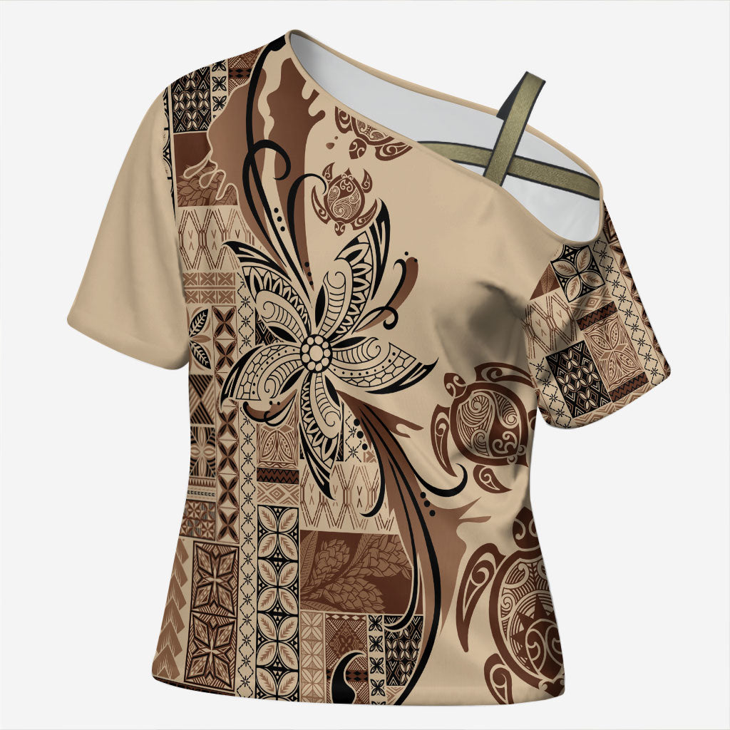 Talofa Samoa Mamanu Siapo Mix Malu Cross Shoulder Shirt Classic Beige Frangipani and Turtles LT7 Female Beige - Polynesian Pride