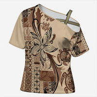 Talofa Samoa Mamanu Siapo Mix Malu Cross Shoulder Shirt Classic Beige Frangipani and Turtles LT7 Female Beige - Polynesian Pride