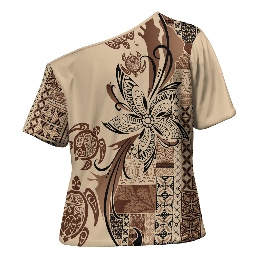 Talofa Samoa Mamanu Siapo Mix Malu Cross Shoulder Shirt Classic Beige Frangipani and Turtles LT7 - Polynesian Pride