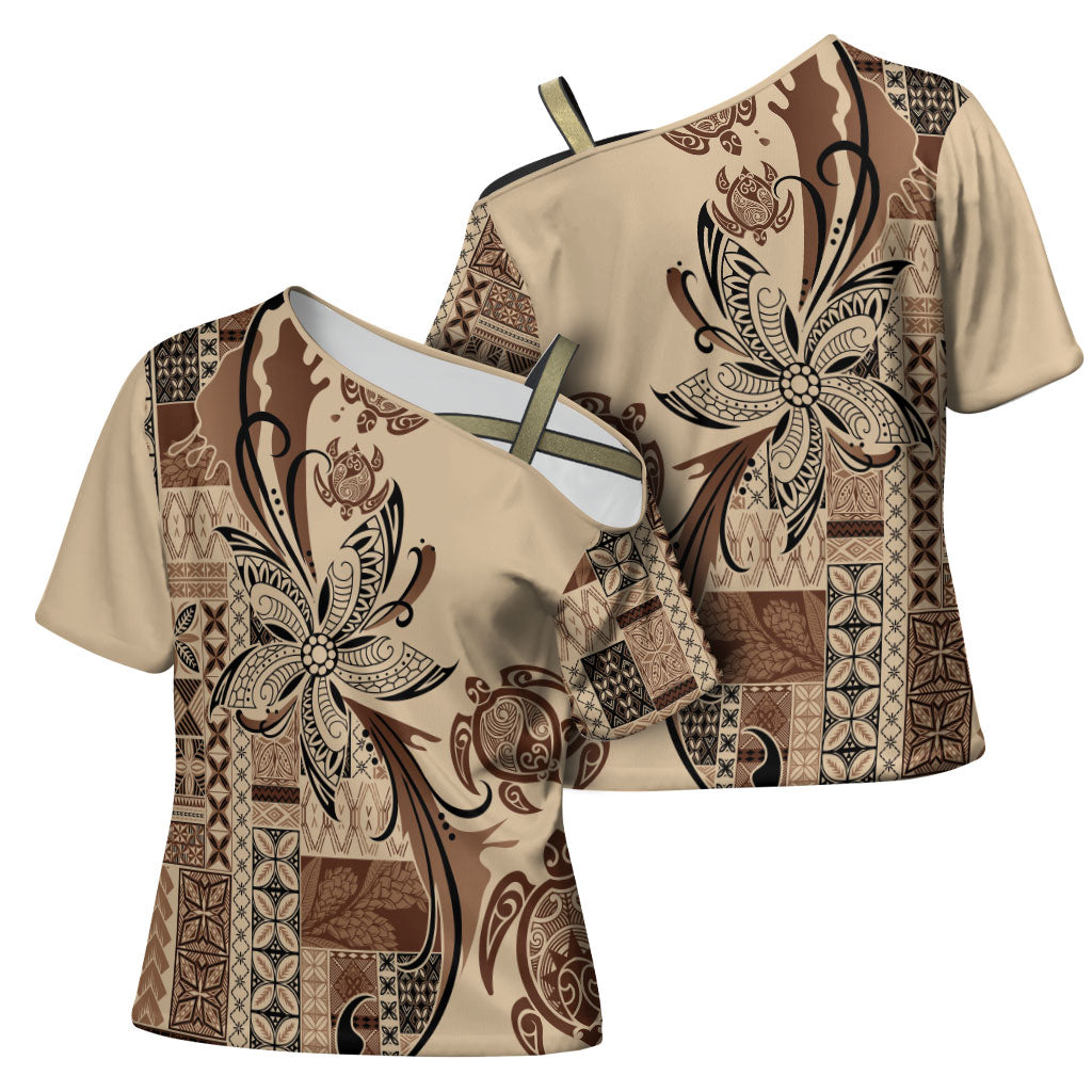 Talofa Samoa Mamanu Siapo Mix Malu Cross Shoulder Shirt Classic Beige Frangipani and Turtles LT7 - Polynesian Pride
