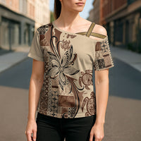 Talofa Samoa Mamanu Siapo Mix Malu Cross Shoulder Shirt Classic Beige Frangipani and Turtles LT7 - Polynesian Pride