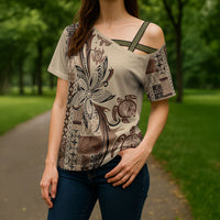 Talofa Samoa Mamanu Siapo Mix Malu Cross Shoulder Shirt Classic Beige Frangipani and Turtles LT7 - Polynesian Pride