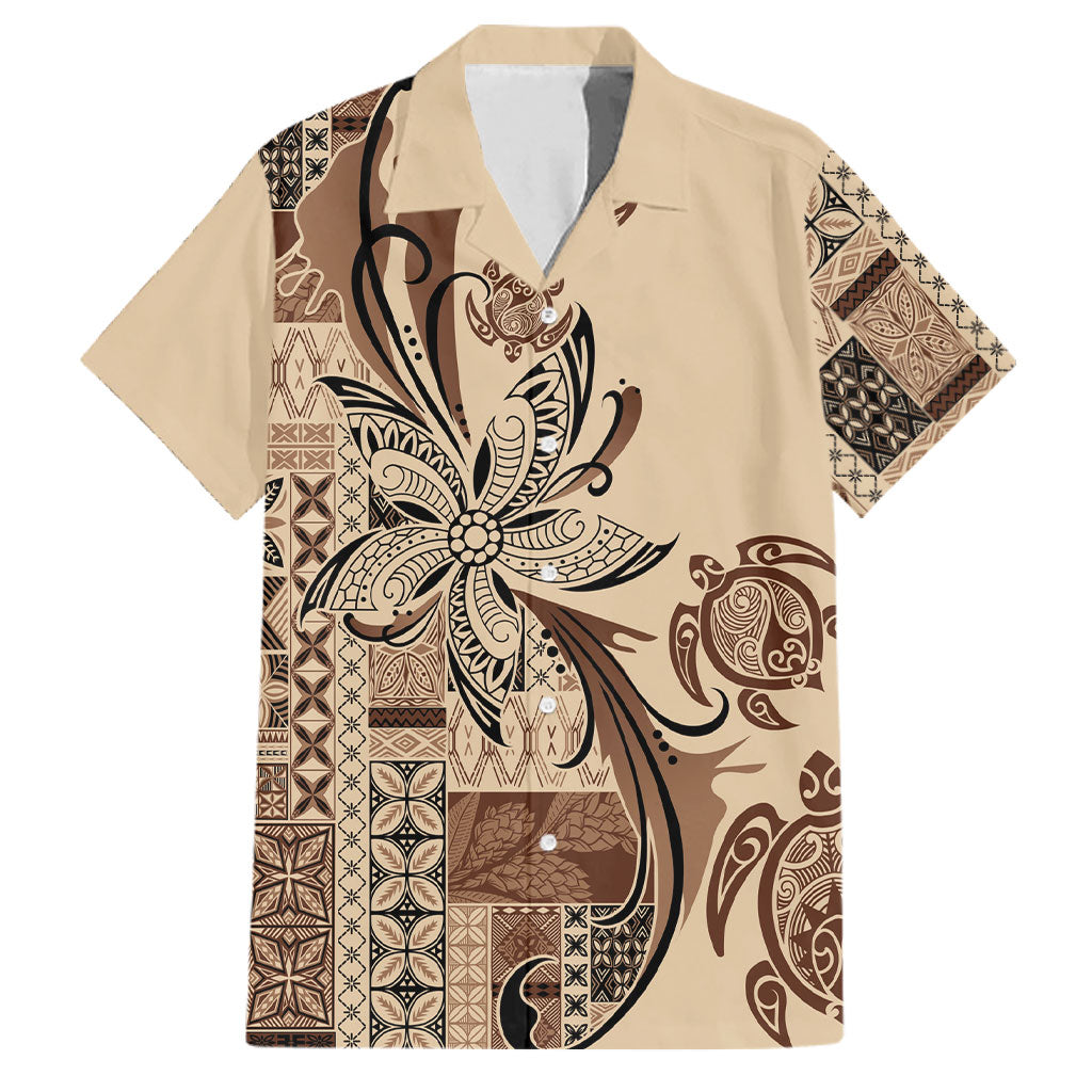 Talofa Samoa Mamanu Siapo Mix Malu Family Matching Long Sleeve Bodycon Dress and Hawaiian Shirt Classic Beige Frangipani and Turtles LT7 Dad's Shirt - Short Sleeve Beige - Polynesian Pride