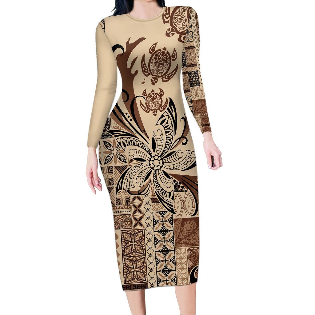 Talofa Samoa Mamanu Siapo Mix Malu Family Matching Long Sleeve Bodycon Dress and Hawaiian Shirt Classic Beige Frangipani and Turtles LT7 Mom's Dress Beige - Polynesian Pride