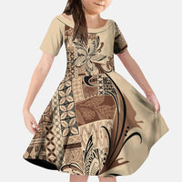 Talofa Samoa Mamanu Siapo Mix Malu Family Matching Off The Shoulder Long Sleeve Dress and Hawaiian Shirt Classic Beige Frangipani and Turtles LT7 Daughter's Dress Beige - Polynesian Pride
