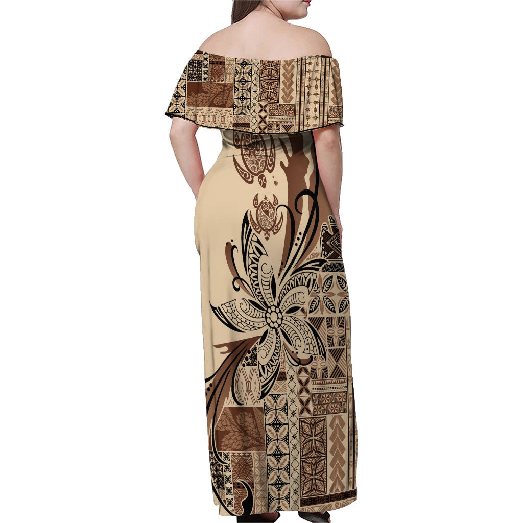 Talofa Samoa Mamanu Siapo Mix Malu Family Matching Off Shoulder Maxi Dress and Hawaiian Shirt Classic Beige Frangipani and Turtles LT7 - Polynesian Pride