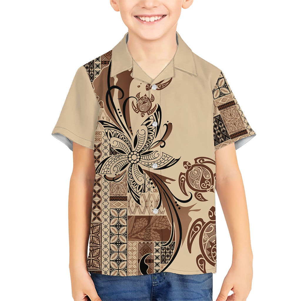 Talofa Samoa Mamanu Siapo Mix Malu Family Matching Off Shoulder Maxi Dress and Hawaiian Shirt Classic Beige Frangipani and Turtles LT7 Son's Shirt Beige - Polynesian Pride