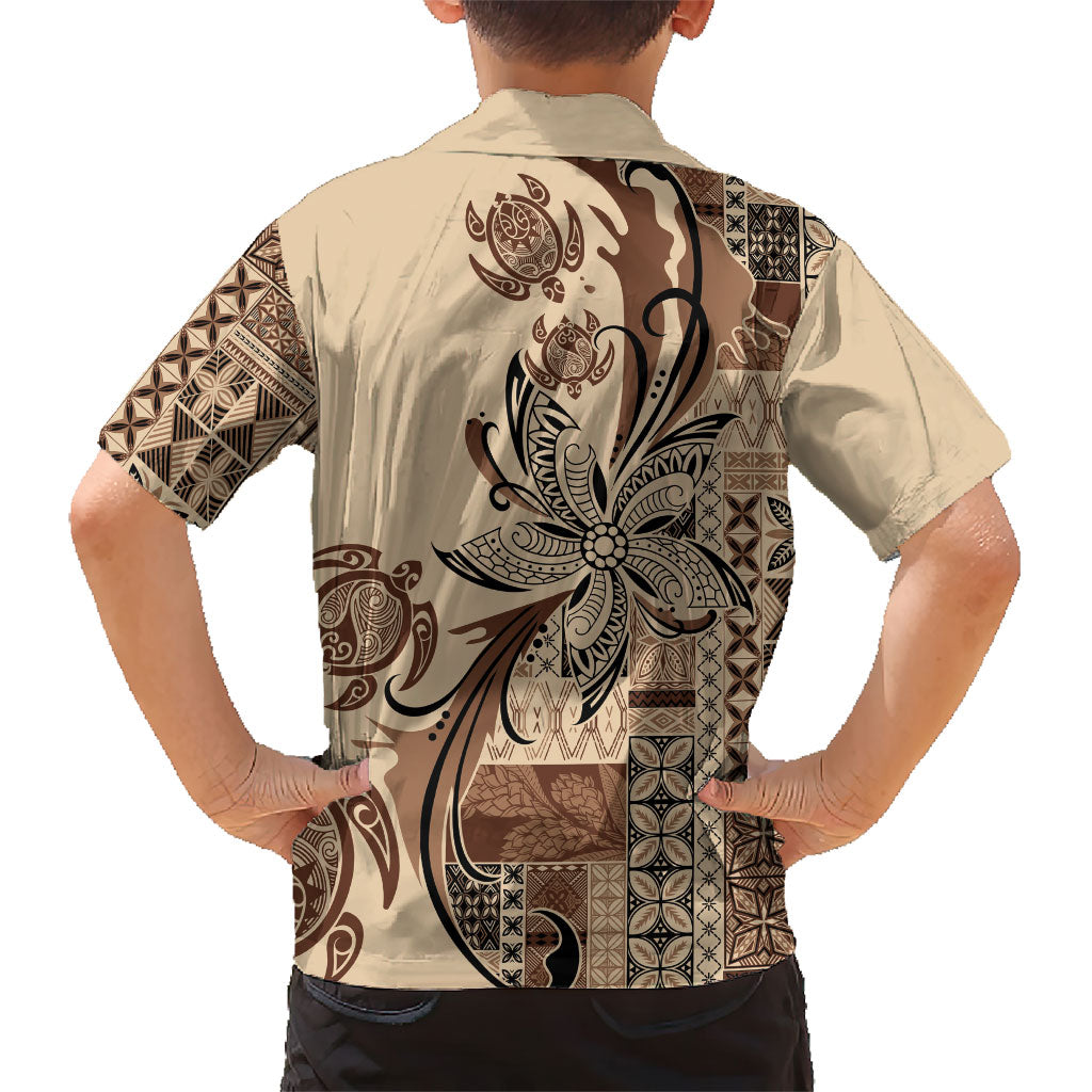 Talofa Samoa Mamanu Siapo Mix Malu Family Matching Off Shoulder Short Dress and Hawaiian Shirt Classic Beige Frangipani and Turtles LT7 - Polynesian Pride